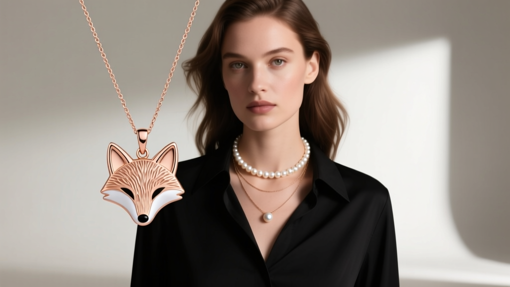 Model wearing a layered stack featuring a rose gold fox pendant on a 16-inch cable chain alongside a delicate pearl choker.