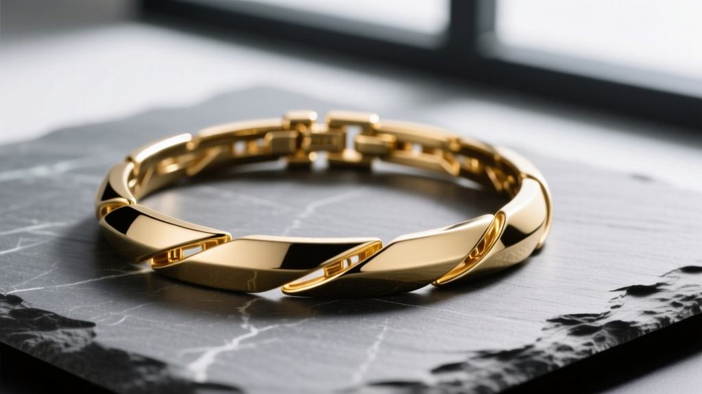 Macro shot of an 18k gold rigid circular torque necklace on slate, highlighting a seamless hidden bayonet clasp and high polish.