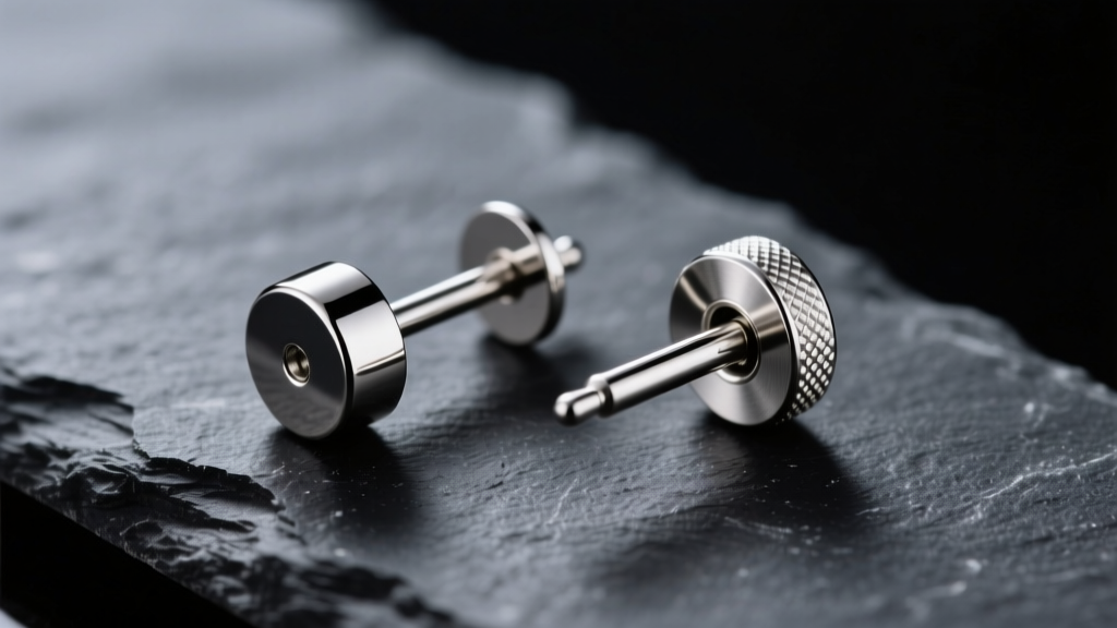 Macro shot of a polished titanium earring post and friction backing resting on dark slate under bright studio lighting