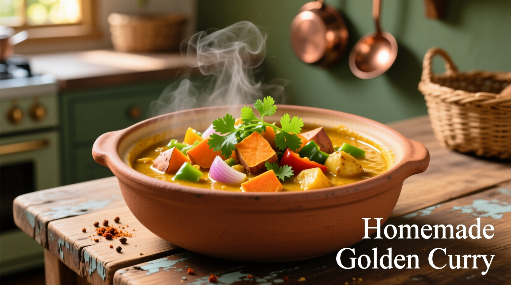 Golden veggie potato curry in clay pot with fresh cilantro