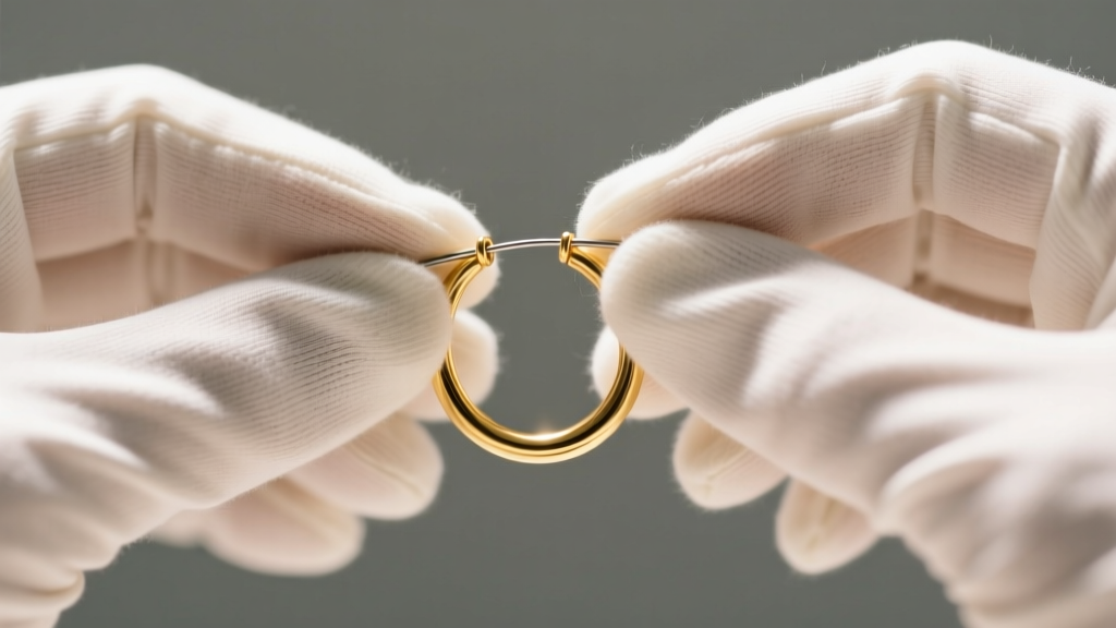 Hands in white cotton gloves carefully bending a 20-gauge continuous gold hoop earring to show the tension wire insertion method
