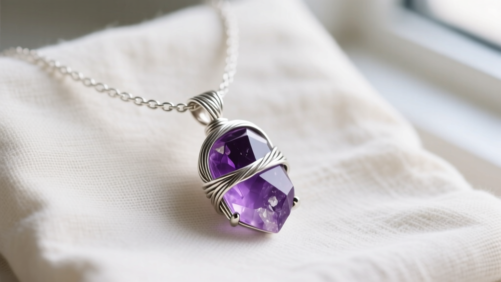 Mary DeMarco artisan necklace with a raw amethyst pendant wrapped in silver wire, displayed on a soft linen backdrop