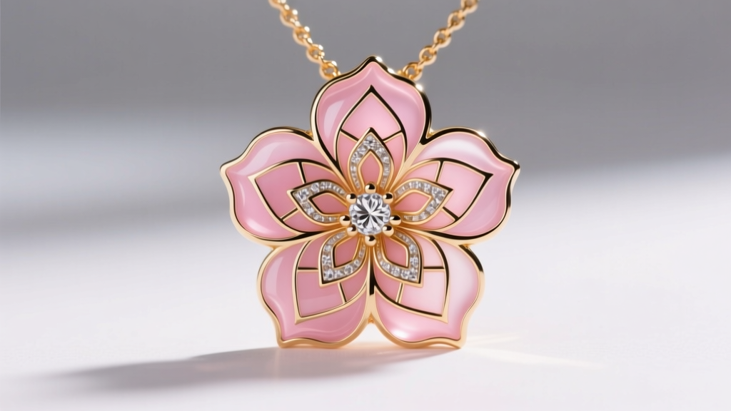 Macro shot of a guilloché enamel designer flower necklace pendant showing geometric patterns beneath translucent pink resin.