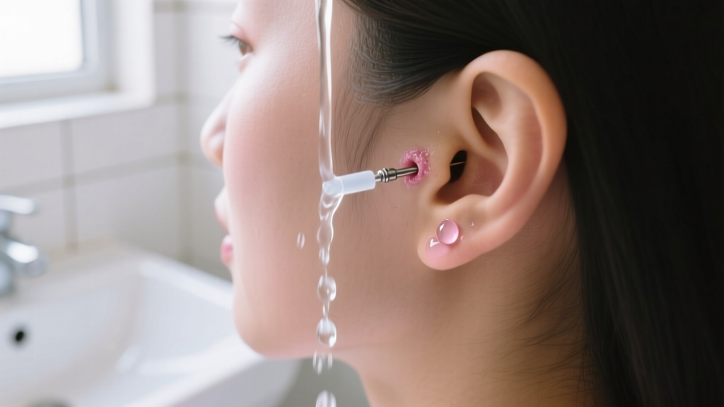 Gentle stream of sterile saline wound wash spraying onto a healing earlobe piercing, captured in soft, natural bathroom lighting.