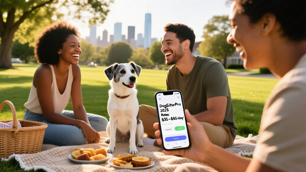 Couple having a picnic with a white and grey dog