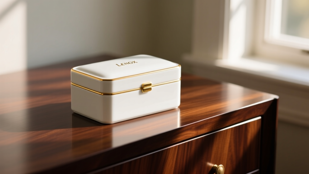 White Lenox porcelain jewelry box with gold trim resting on a dark mahogany dresser, illuminated by soft, warm morning sunlight.