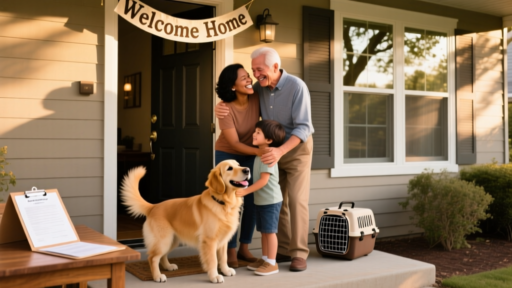 A joyful family welcoming a newly adopted dog at home