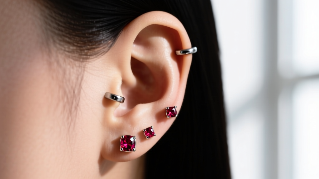 Side profile of a curated ear showing 16-gauge 316L stainless steel flat back labrets with bezel-set synthetic ruby gem accents