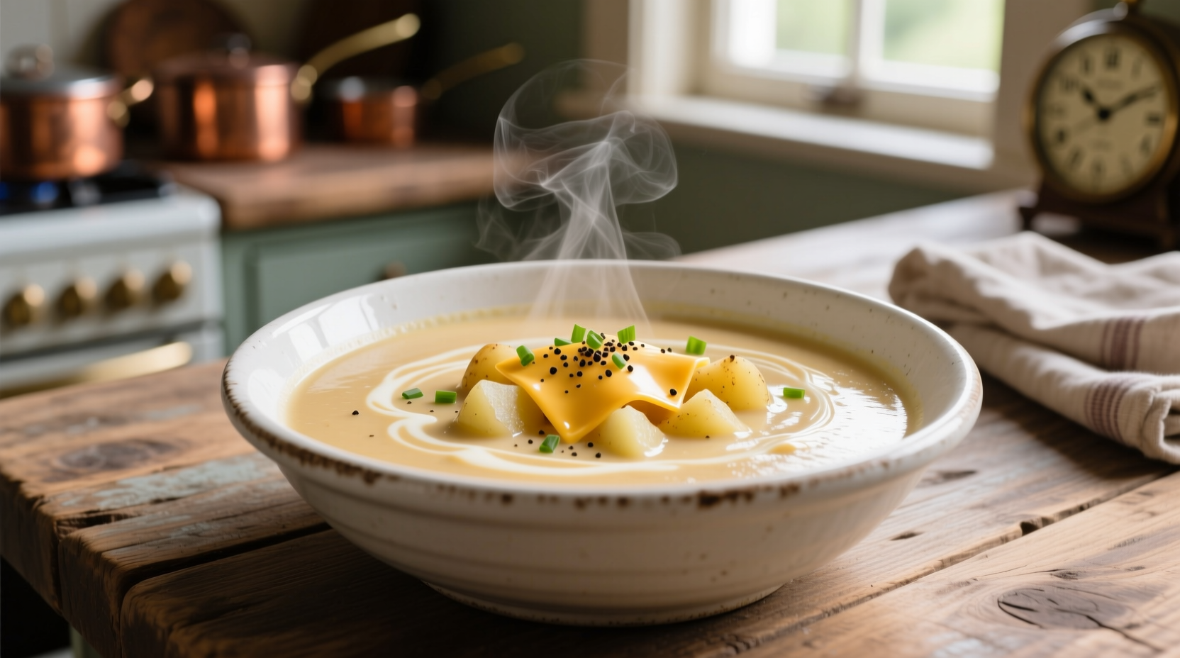 Creamy potato cheddar soup in white bowl