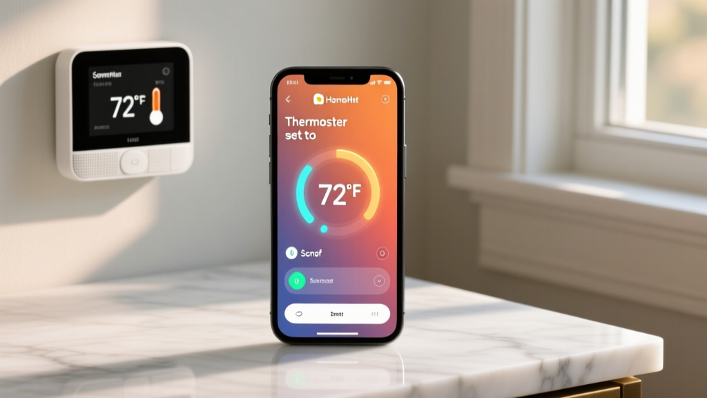 Smartphone displaying a HomeKit automation routine triggered by a Sonoff temperature sensor adjusting a smart thermostat to 72 degrees