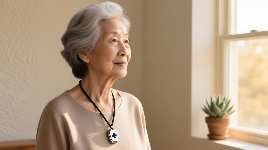 Elderly woman wearing a titanium medical alert pendant on a silicone cord, illuminated by warm, natural window lighting.