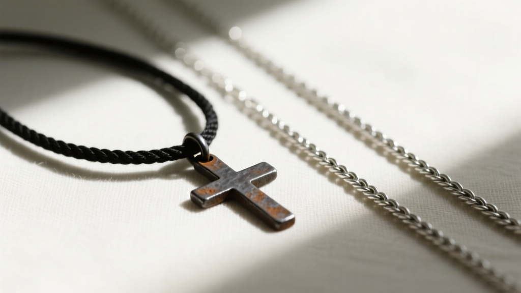 Flat lay of a 2mm black cotton cord and a 1.5mm sterling silver rope chain beside a simple, unadorned iron cross pendant.