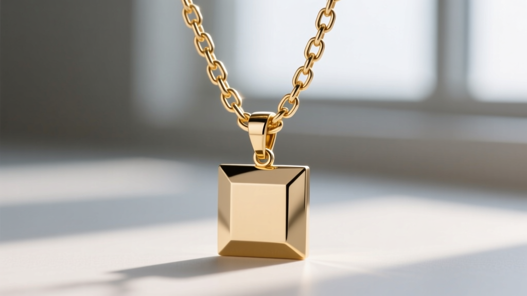 Close-up of a 1.5mm 14k gold box chain threaded through the bail of a geometric square pendant, showing the interlocking links