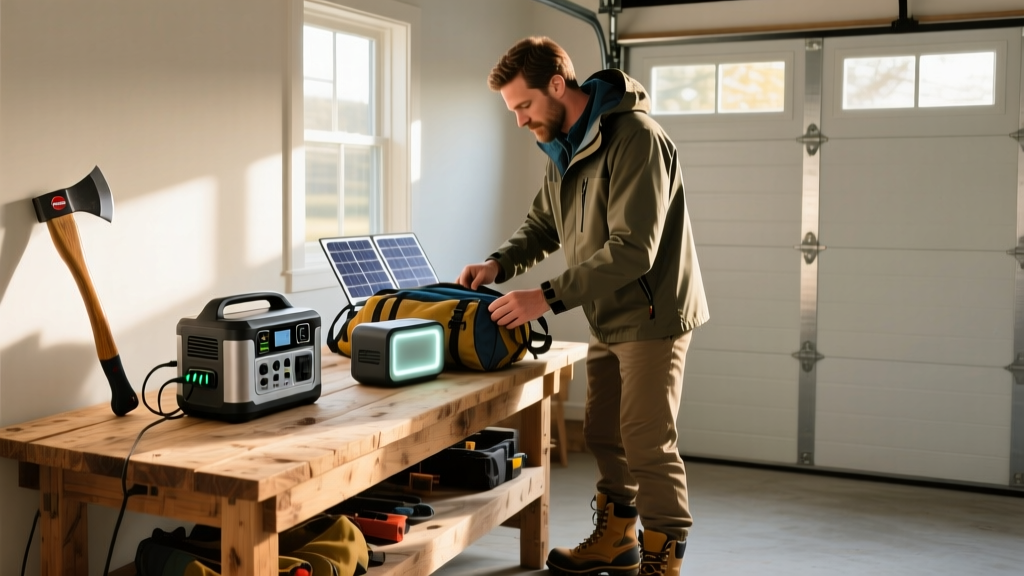 Man organizing seasonal outdoor gear including a splitting axe, power station, and satellite messenger on a sunlit wooden garage workbench
