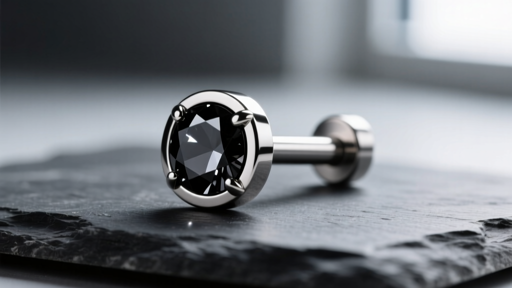 Macro photography of a 16-gauge implant-grade titanium flat-back labret with a bezel-set black diamond, resting on dark slate