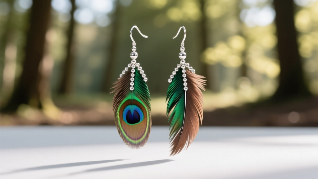 Pheasant feather dangle earrings with sterling silver beads, photographed against a softly blurred natural outdoor background.