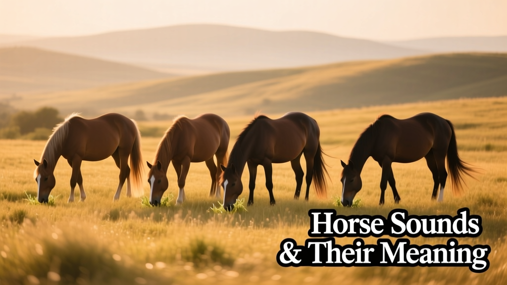 A group of horses grazing peacefully together in a sunlit pasture, heads down, tails swishing slowly