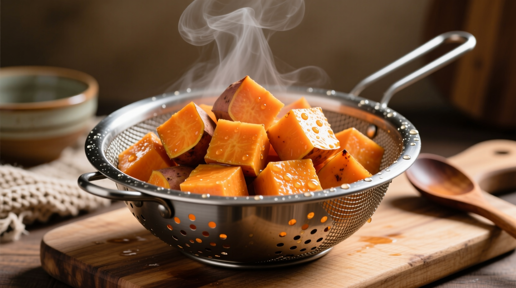 Perfectly boiled sweet potato cubes in a colander