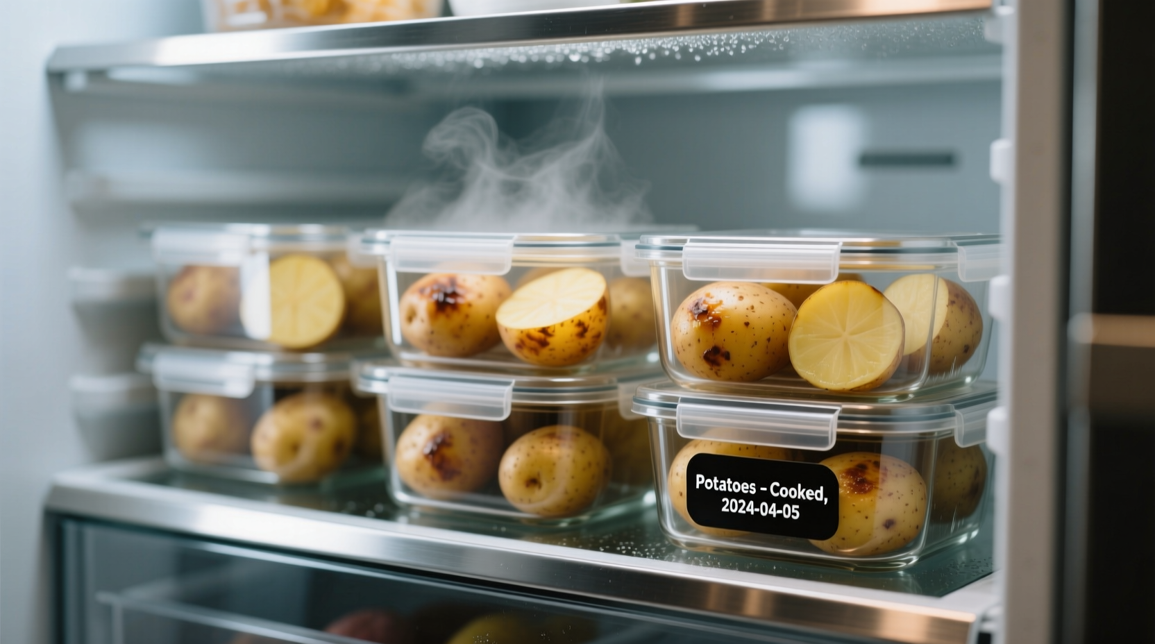 Cooked potatoes stored in airtight glass containers in refrigerator