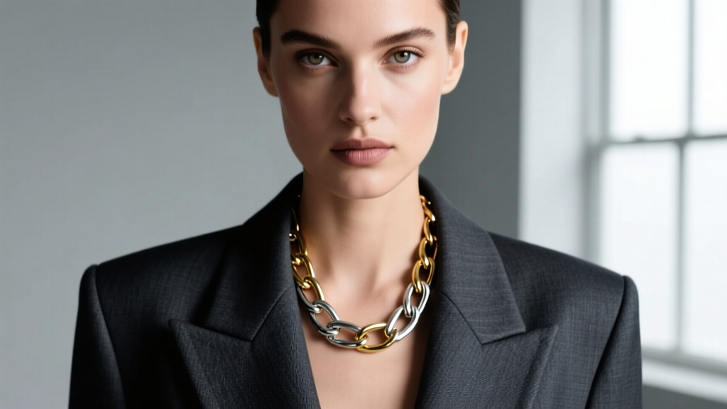 Close up of a model wearing mixed metal jewelry featuring a two tone 18 gauge gold and silver paperclip chain over a dark blazer