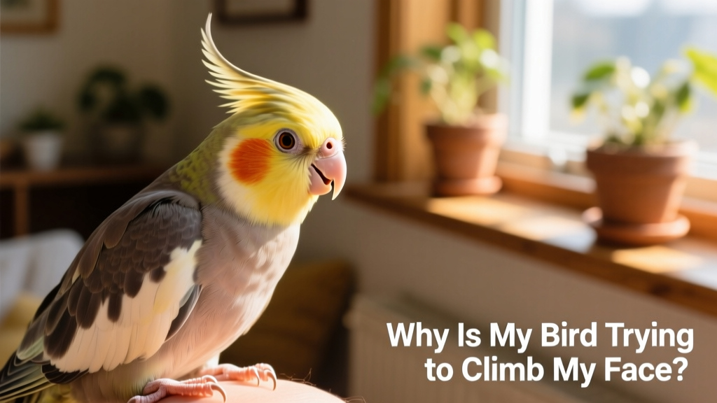 Close-up of a curious cockatiel gently touching a person's cheek with its beak