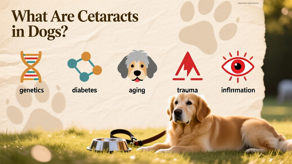 Infographic showing common cataract causes in dogs: genetics, diabetes, aging, trauma, and inflammation—with icons representing each