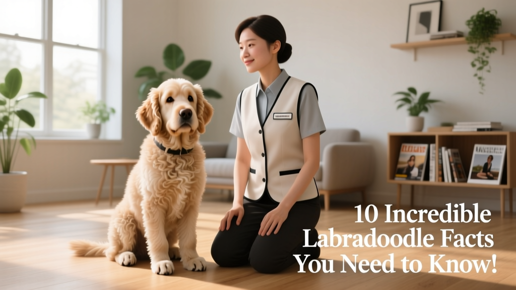 An adult Labradoodle sitting calmly beside a person wearing a service vest, indoors