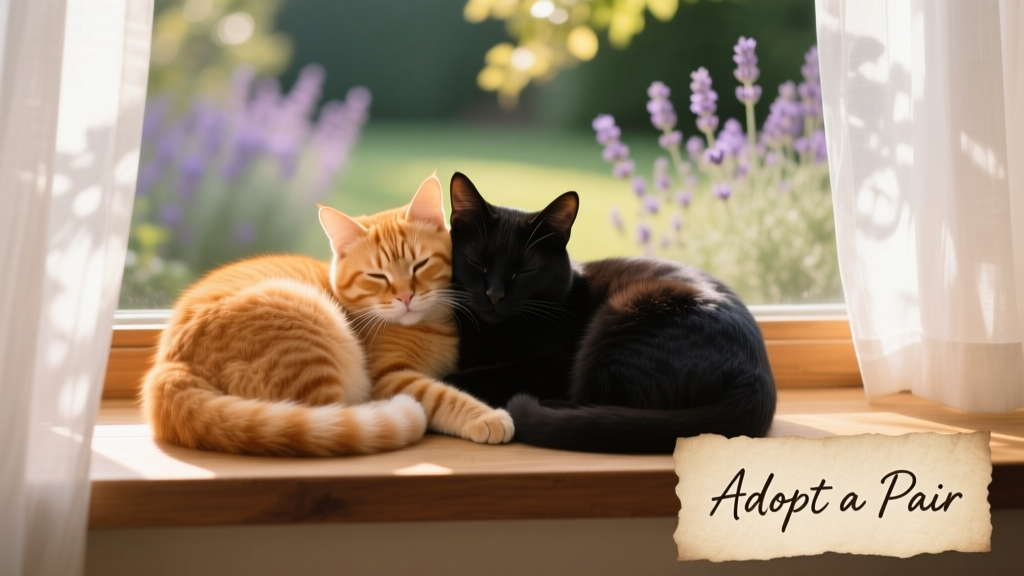 Two cats curled up together sleeping peacefully on a sunlit windowsill