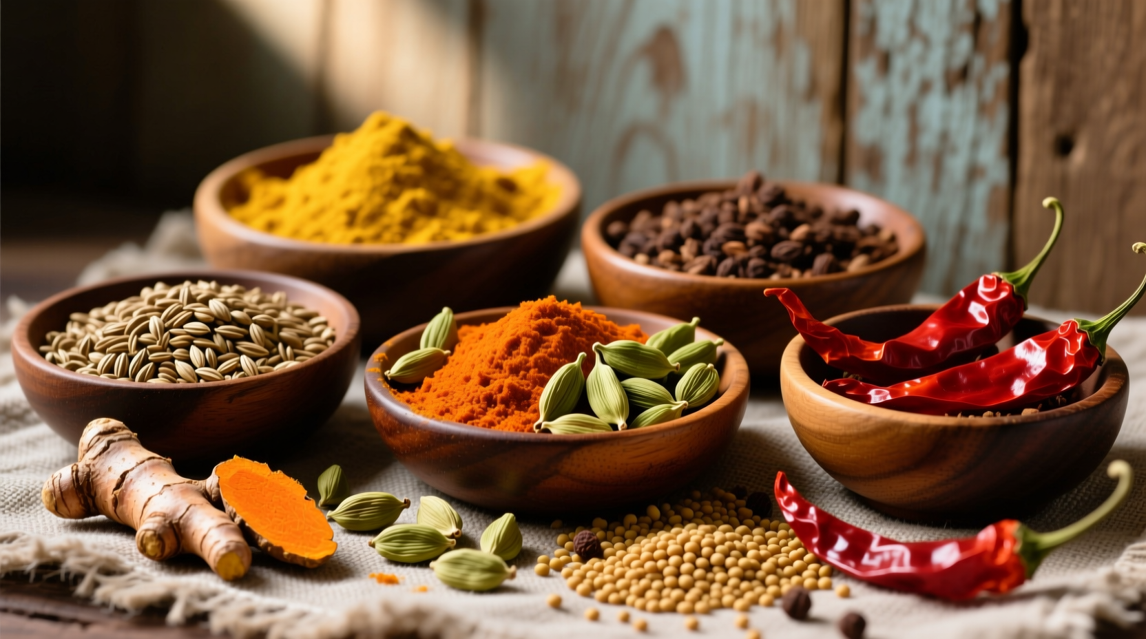 Colorful assortment of whole curry spices in wooden bowls