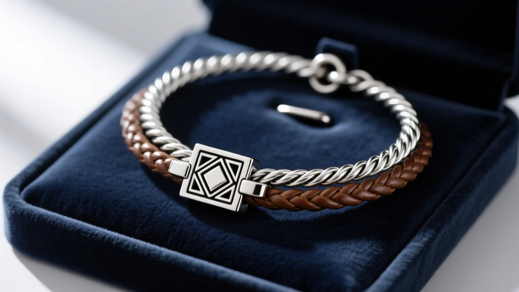 Close-up of a 1.5mm silver rope chain and braided leather cord with heavy-duty clasps on a dark velvet jewelry display pad