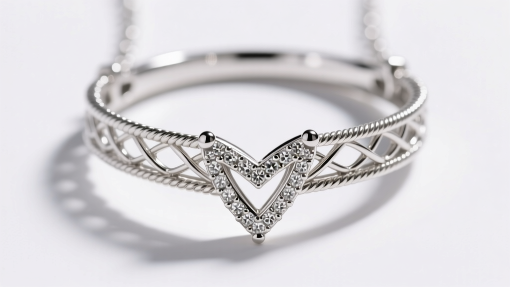 Macro shot of a six-prong platinum basket setting necklace highlighting the gallery wire and V-bail under bright studio lighting.