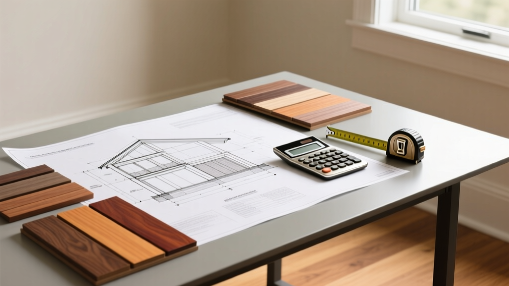Architectural blueprints and composite decking material samples spread on a drafting table alongside a calculator and measuring tape