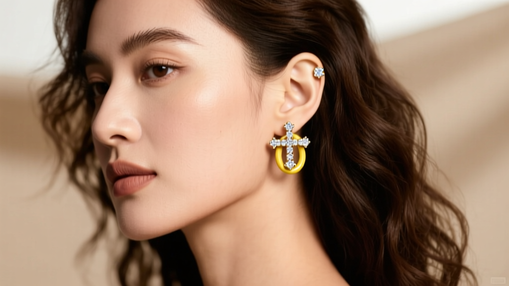 Woman wearing an 8mm diamond cross earring on her helix cartilage, paired with a seamless yellow gold hoop, soft studio lighting