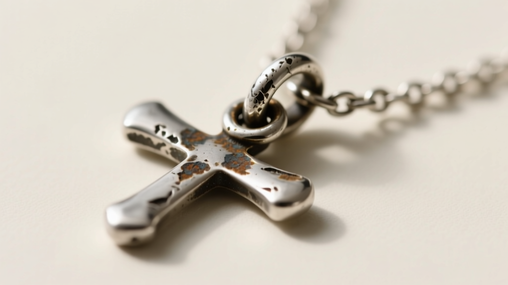 Macro shot of a tarnished sterling silver lobster clasp on a cross necklace, showing oxidation on the jump ring and spring.