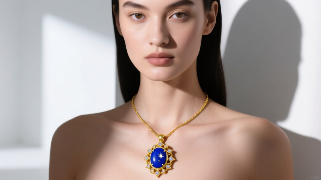 Model wearing an 18k yellow gold lapis pendant necklace featuring a deep blue Afghan cabochon with golden pyrite inclusions.