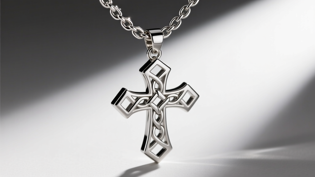 Close-up of steel figaro chain holding a large cross pendant necklace, showing interlocking link strength and bright metal finish
