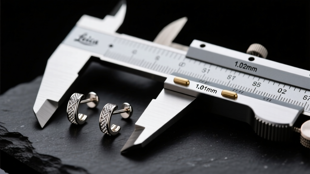 Close-up of earring posts next to a digital caliper measuring exactly 0.81mm and 1.02mm wire gauges on a dark slate surface.
