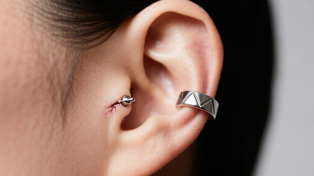 Side profile of a healed upper helix piercing wearing an 8mm inner diameter titanium clicker ring with a subtle geometric design.