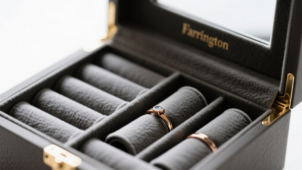 Close-up of Farrington box interior showing ultra-suede ring rolls and anti-tarnish flannel lining in muted charcoal grey fabric.