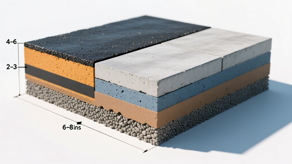 Cross-section diagram comparing asphalt and concrete driveway layers, showing aggregate base depth and surface thickness measurements