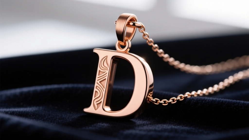 Macro shot of an 18k rose gold 3D letter D pendant, showing a secure lobster clasp and 1.2mm box chain resting on dark velvet.