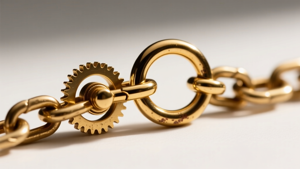 Macro of a gold-plated lobster clasp and jump ring on a brass chain, showing the mechanical connection and typical metal wear.