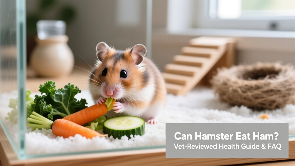 Close-up of a Syrian hamster nibbling on fresh vegetables in a clean habitat
