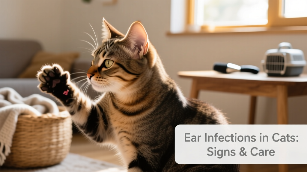 Cat vigorously scratching behind its ear with a front paw