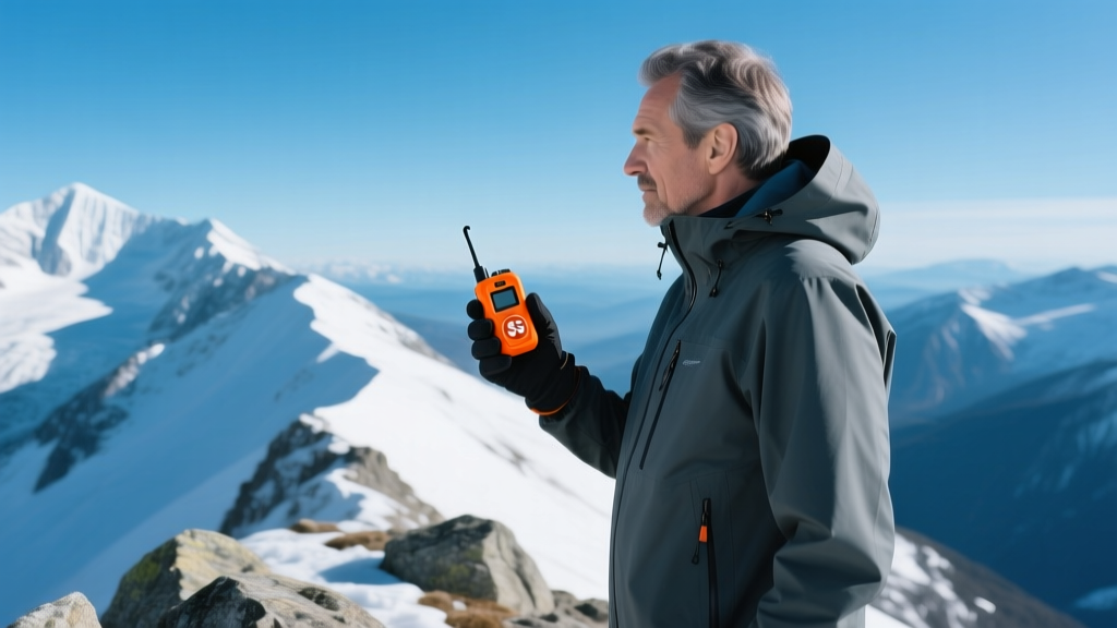 Hiker in a waterproof shell holding a compact orange satellite SOS communicator against a backdrop of rugged snow-capped alpine peaks