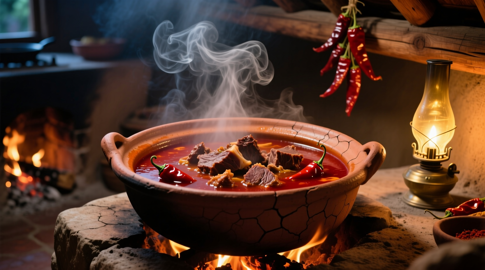 Traditional birria simmering in clay pot with steam rising