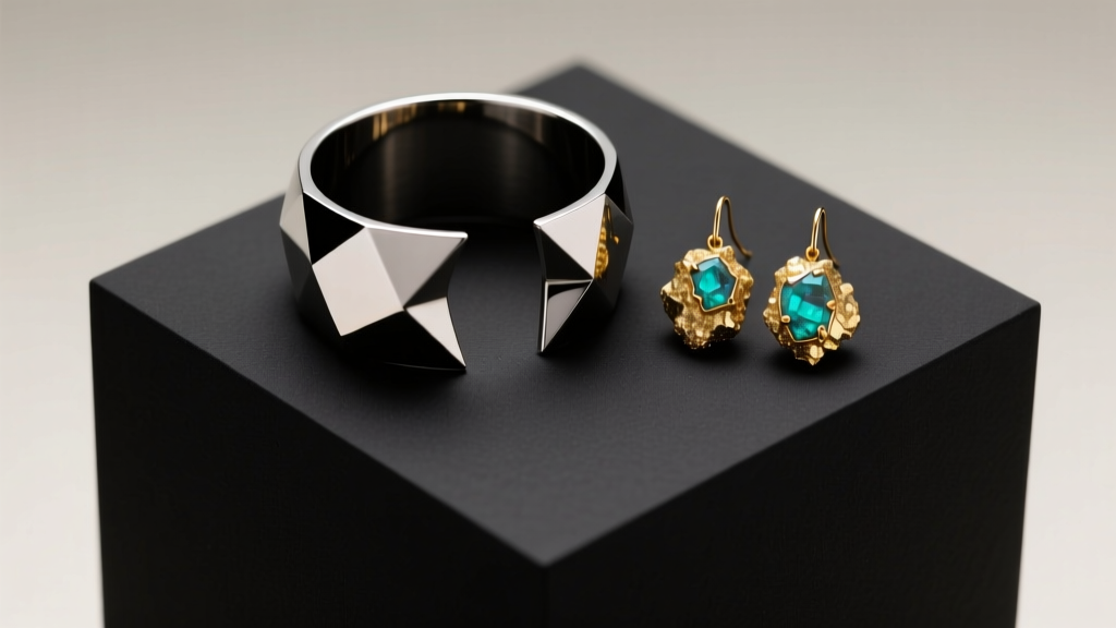 Flat lay of brutalist jewelry with a jagged titanium cuff and raw pyrite earrings on a matte black architectural display block