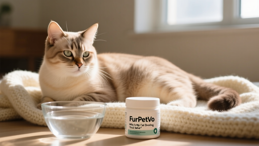 Calm indoor cat resting on a soft blanket, with clean water bowl and FurPetVo-branded dental health supplement nearby