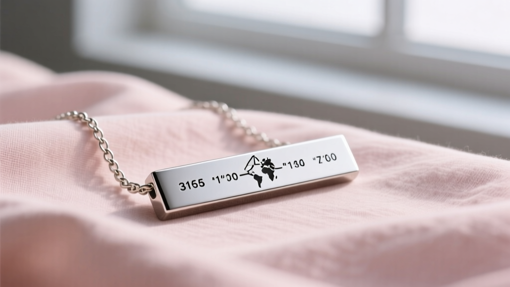 Close-up of a custom laser-engraved 316L stainless steel bar necklace showing geographic coordinates resting on soft blush linen.