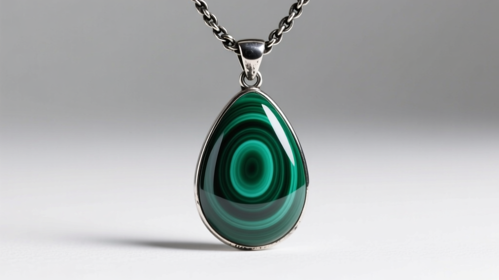 Close-up of a polished malachite teardrop pendant showing tight concentric green banding on an oxidized silver chain
